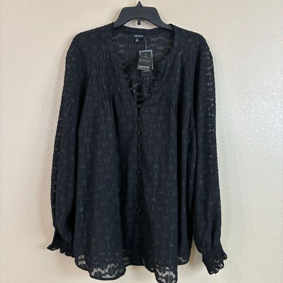 Torrid New Size 3X Black Shimmer Geo Clip Chiffon Smocked‎ Blouson Sleeve Blouse - Picture 3 of 13
